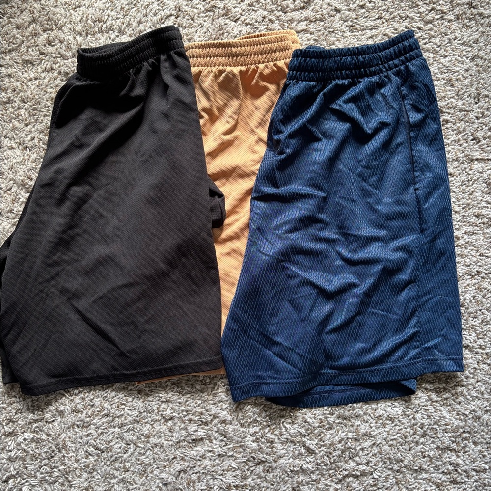 Set of Three Athletic Shorts - Black, Tan, and Blue